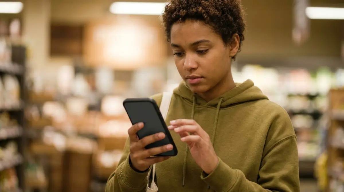 cliente-recherche-service-sur-cellulaire Femme qui cherche un service sur son téléphone dans une allée de magasin